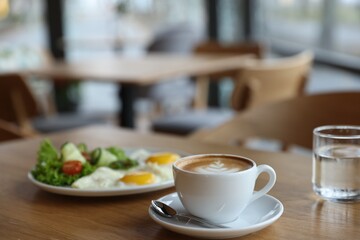 Delicious breakfast served on wooden table in cafe