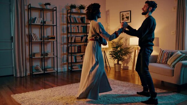 romantic couple dancing together in a cozy living room, creating an intimate and warm atmosphere
