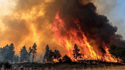 massive wildfire engulfs forest, with intense flames and thick smoke