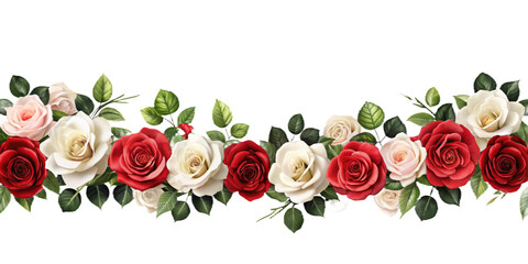 Garland of red, white and pink roses with green leaves without background. It is beautiful and can be used for decorations or designs.