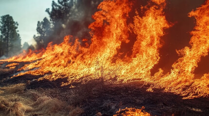 Fototapeta premium Intense wildfire burning through dry forest landscape with tall flames