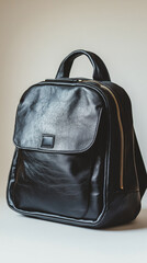Fototapeta premium Black backpack on a white background, close-up, with copy space for text and product presentation mockup. Leather school bag isolated on a gray backdrop. Text space.