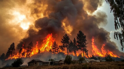 massive wildfire engulfs forest near residential homes, with thick smoke billowing into sky