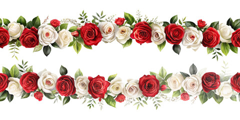 Two horizontal rows of red and white roses with green leaves without background. The flowers are arranged tightly, creating a beautiful flower garland.