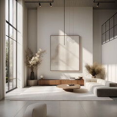 Aesthetic elegant minimalist modern interior design. Clear mock up empty wall for decoration in the apartment. Copy space in the room. Neutral palette of natural colors.