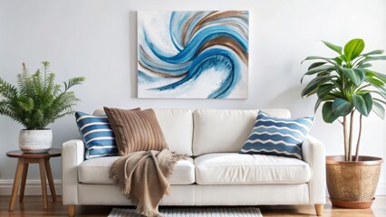 Abstract Blue Wave Canvas on White Sofa, Living Room Decor, Interior Design, Home Styling, Coastal Vibe Home Decor, Interior Design