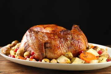 Delicious baked turkey, vegetables and cranberries on wooden table against black background, closeup