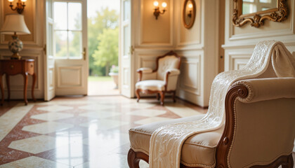 Elegant bridal sash resting on vintage chaise in Rococo hallway, wedding accessories