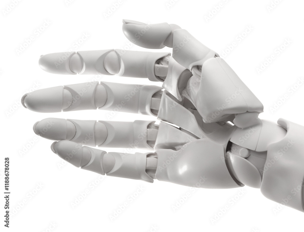 Poster artificial intelligence. robot hand gesturing on white background