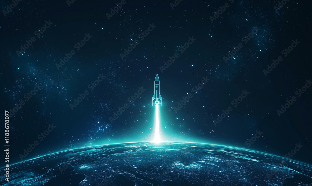 Poster a futuristic scene depicting a luminous beam ascending from a planet in a starry cosmos.