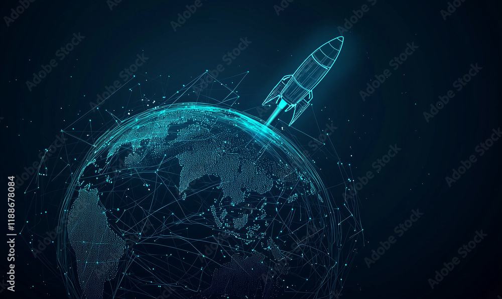 Aufkleber a digital representation of a rocket launching from a glowing globe, symbolizing innovation and expl