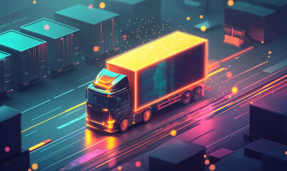 Vibrant digital illustration of a truck moving through a stylized urban environment.