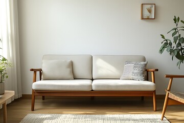 Spacious and modern Scandinavian living room with a mid-century sofa, wooden floor, soft carpet, and minimal white walls.