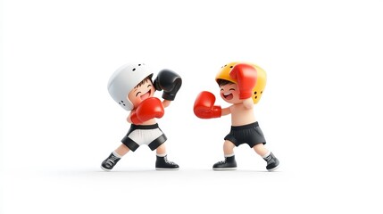 Two playful cartoon children engage in a friendly boxing match, showcasing excitement and joy with colorful gloves and helmets in a fun, energetic atmosphere