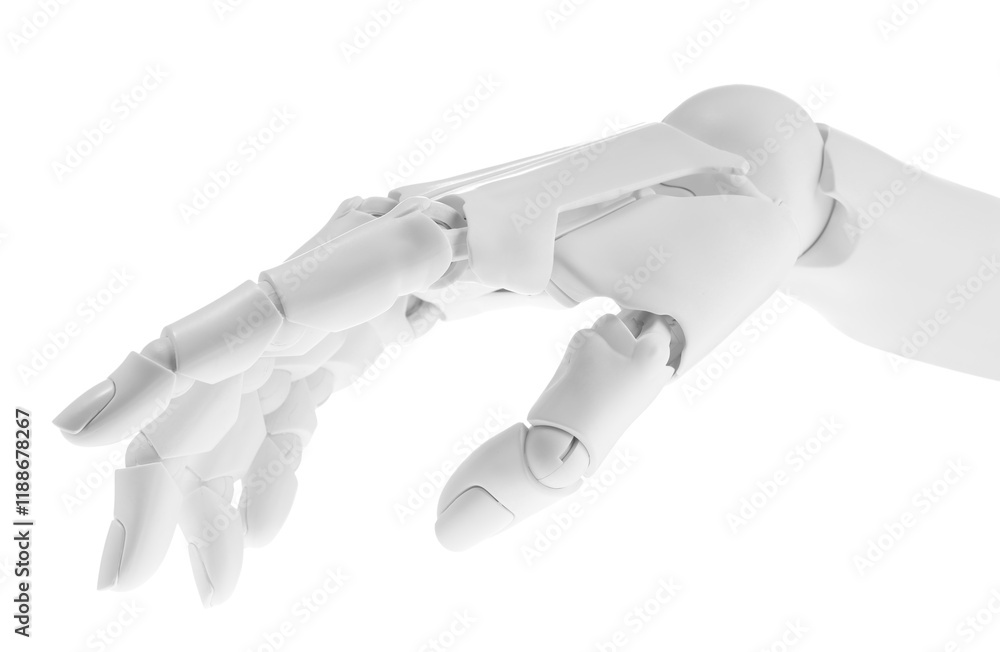 Poster artificial intelligence. robot hand gesturing on white background