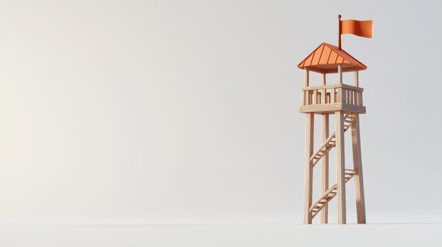Wooden Lifeguard Tower with Orange Flag on Beach Background