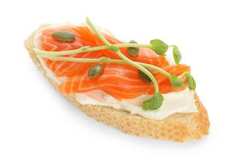 Delicious bruschetta with cream cheese and salmon isolated on white