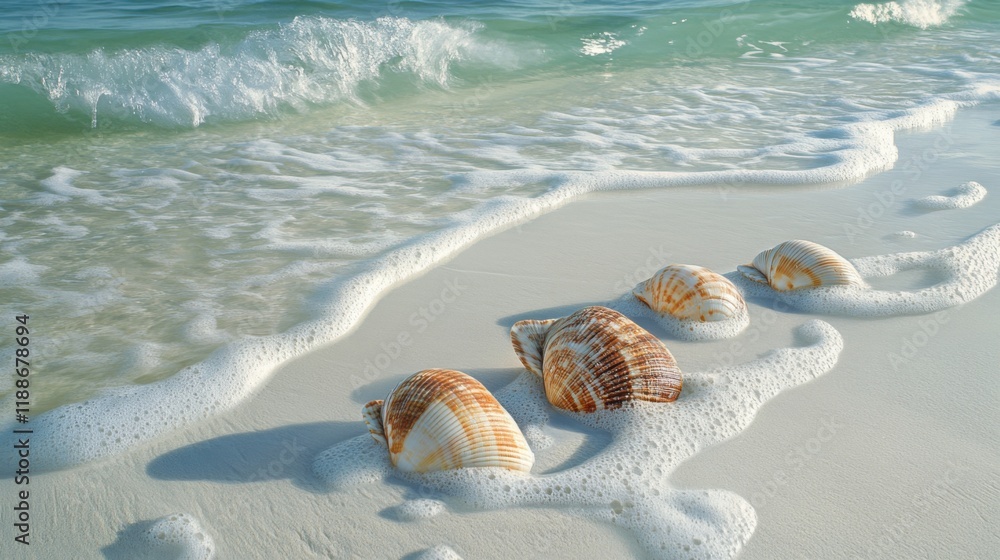 Poster tranquil seaside scene featuring colorful shells on a sandy beach with gentle waves lapping the shor