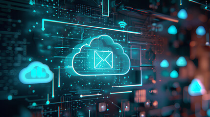Fototapeta premium Social media messaging digital emerging data cloud, pc data mining laptop illustration, binary code data stream, fog computing, emerging technology electronic circuit board concept 