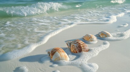 Obraz premium Tranquil Seaside Scene Featuring Colorful Shells on a Sandy Beach with Gentle Waves Lapping the Shore Under a Clear Sky