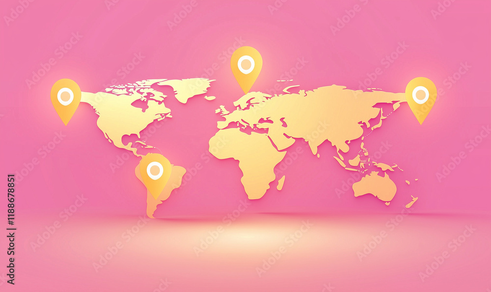 Poster colorful world map with location markers on a pink background, emphasizing global connections.