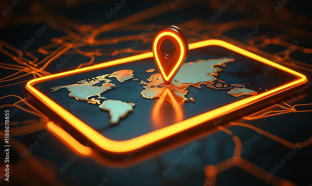 Poster digital map with glowing location pin, showcasing global navigation and connectivity.