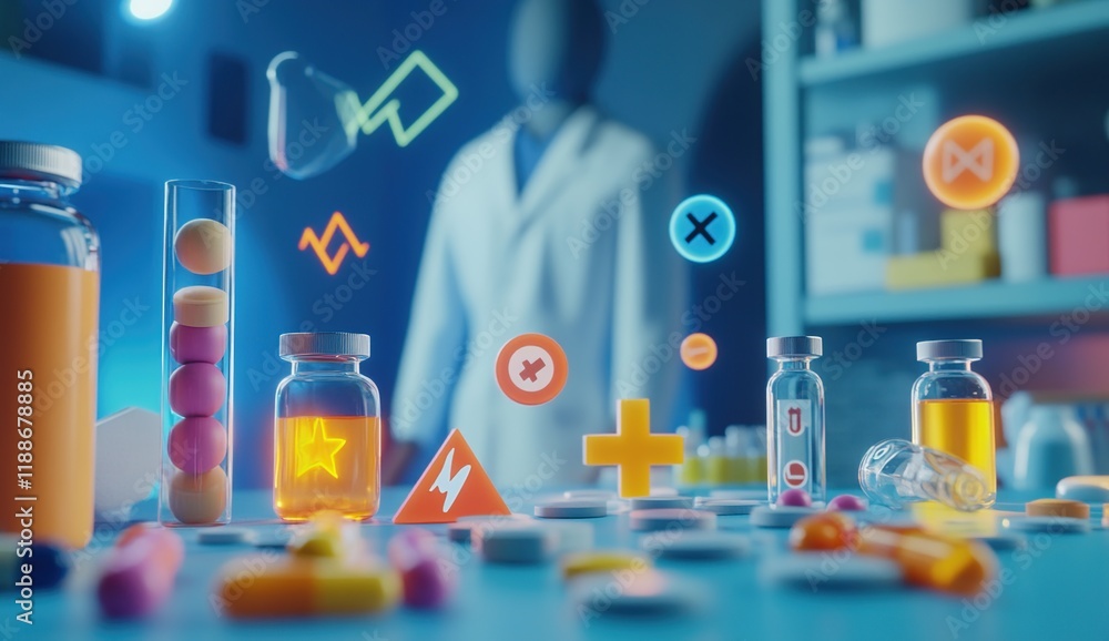 Poster exploring medical advancements: innovative drug development and testing methods in laboratories