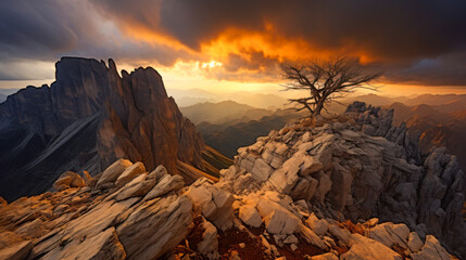 Fototapeta premium Majestic sunset over rugged mountains with solitary tree at the peak