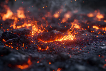 Lava flows illuminate the volcanic landscape as molten rock erupts during an active eruption in a remote region