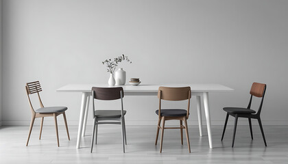 Stylish Minimalist Dining Room Setup Featuring Four Unique Chairs, A Table, and Elegant Decor