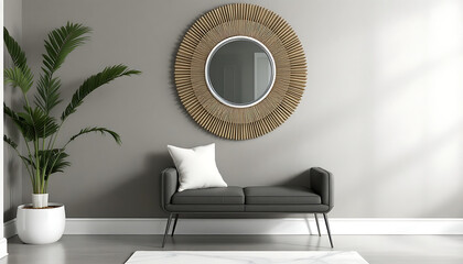 Stylish Modern Living Room Interior Featuring a Round Mirror and Elegant Couch Design