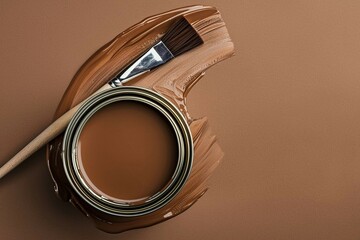 an image of a brush lying on a can of paint, with a top view of the background with the color mousse mocha in a minimalistic style with free space