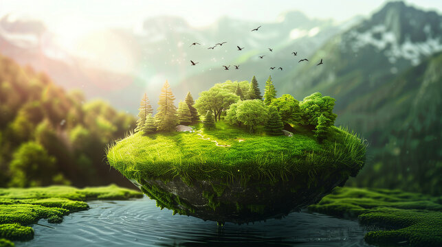 green island floating amidst a tranquil landscape, complete with trees, birds, and a winding path, evoking a sense of wonder and tranquility
