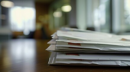 Stack of sealed confidential envelopes on wooden desk, symbolizing secure document handling, privacy, and classified information management in professional settings