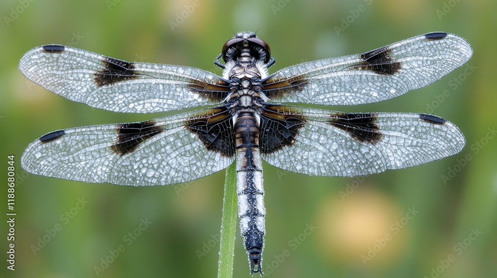 Poster close-up view of a stunning dragonfly with detailed wings and intricate patterns on a green backgrou