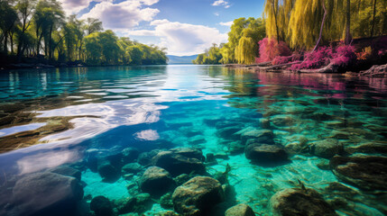 Stunning clarity of a tranquil lake surrounded by lush greenery and vibrant foliage in a serene natural setting