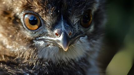 Close-up of a chick's face with focused eye and beak.