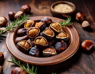 Dried Figs and Chestnuts Autumn Harvest, Rustic Bowl, Wooden Table, Generated image