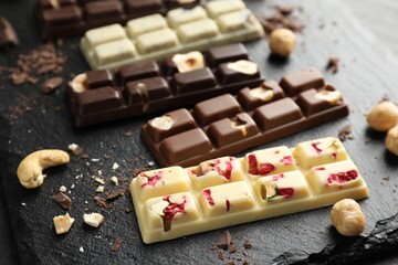 Different tasty chocolate bars with nuts and freeze dried raspberry on black table, closeup