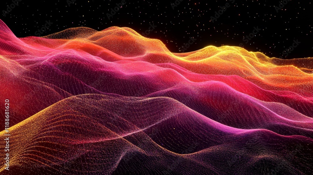 Poster abstract wave design with network particles on dark background featuring big data visualization and 