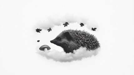 Obraz premium Adorable black and white illustration of a hedgehog with a mushroom surrounded by softly floating clouds and falling leaves, conveying a whimsical and serene atmosphere