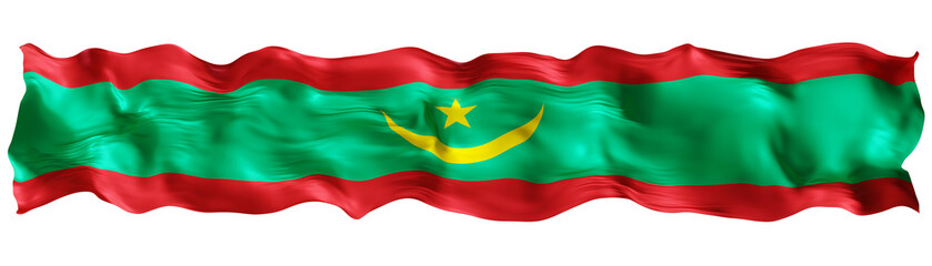 Stylized flag of Mauritania waving in the wind on transparent background. Footer, header or divider. Cut out wide, panoramic element. Banner for patriotic themes or national event promotions. 3D.