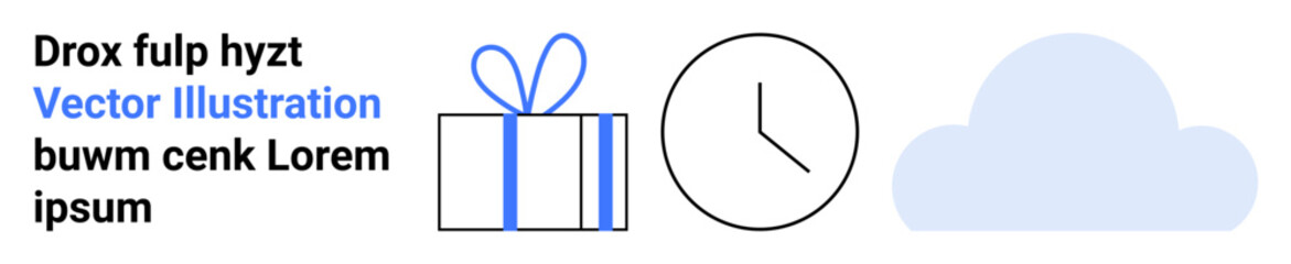 Gift box with a bow, clock face without hands, and a cloud icon next to placeholder text. Ideal for holiday themes, time management, weather forecast, cloud storage, placeholder text, minimal design