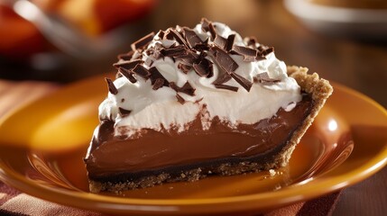 Chocolate Cream Pie with rich chocolate filling and a velvety whipped cream topping, served in a soft orange bowl, creamy and decadent Hyper-quality professionnal photography