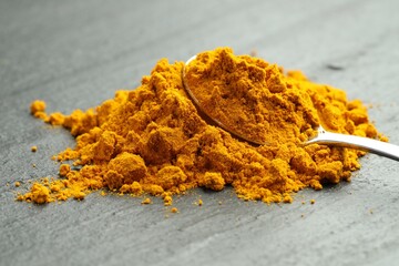 Turmeric powder and spoon on grey table, closeup