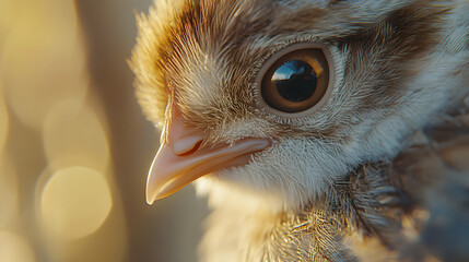 Close-up of a chick's face with focused eye and beak.