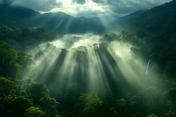 Mystical Sunbeams Illuminating a Lush Tropical Forest