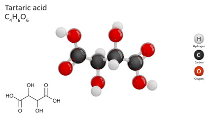 Molecule: Tartaric Acid. Naturally occurring organic acid. Molecular structure. Formula: C4H6O6. Chemical model: Ball and stick. White background. 3D illustration.