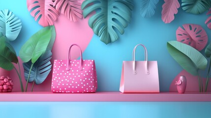 Elegant pastel shopping bags on display with tropical leaves creating a fashionable and vibrant...