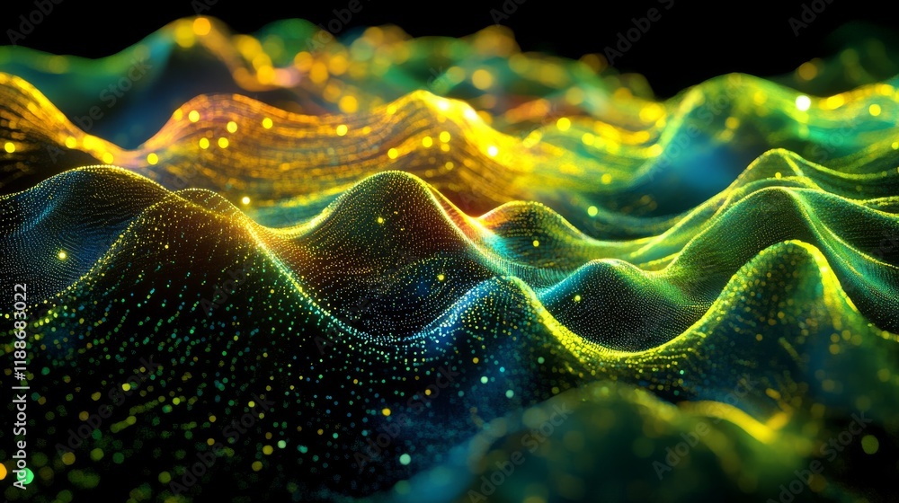 Poster abstract wave design with network particles on dark background featuring big data visualization and 